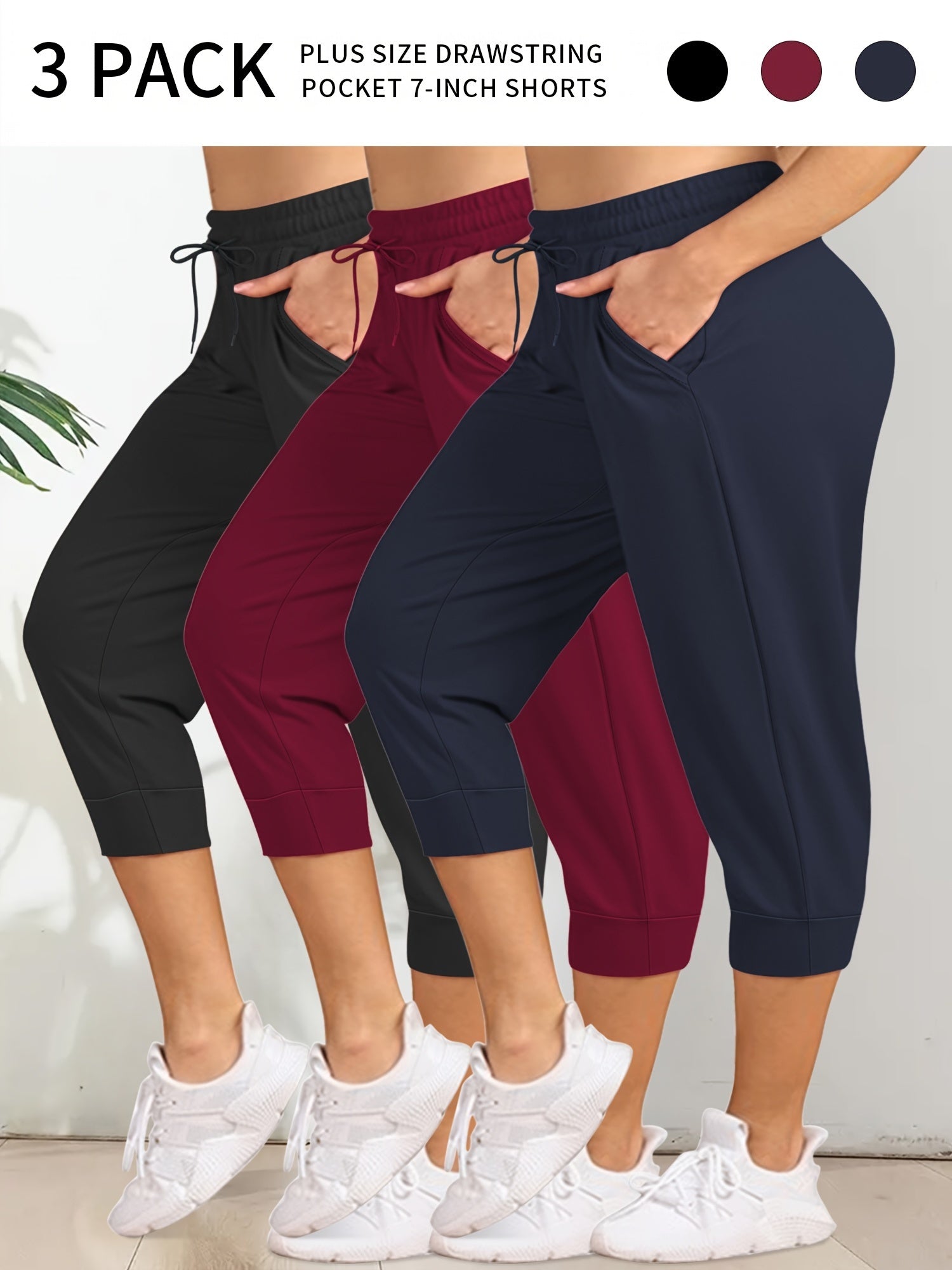 Plus Size Drawstring Side Pocket Cropped Joggers Three Pack Loose Fit Pants