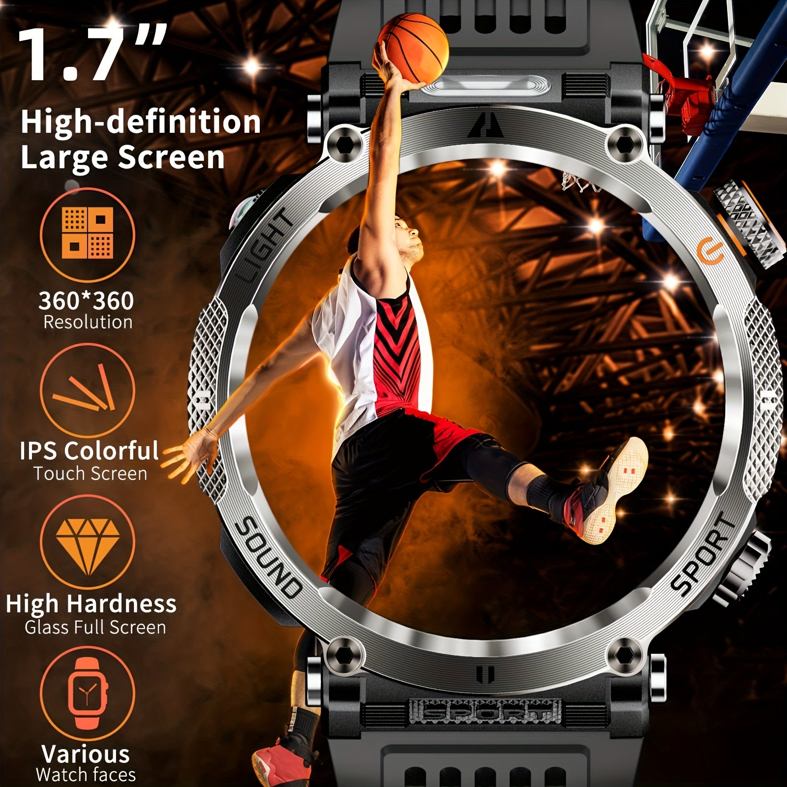 Men's Outdoor 1.7 Inch Smartwatch with IP68 Waterproof 5.0 Wireless 100+ Sports Modes