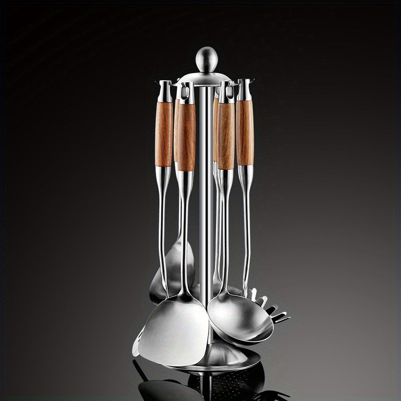 7-Piece Stainless Steel Kitchen Cookware Set with Wooden Handles and Stand