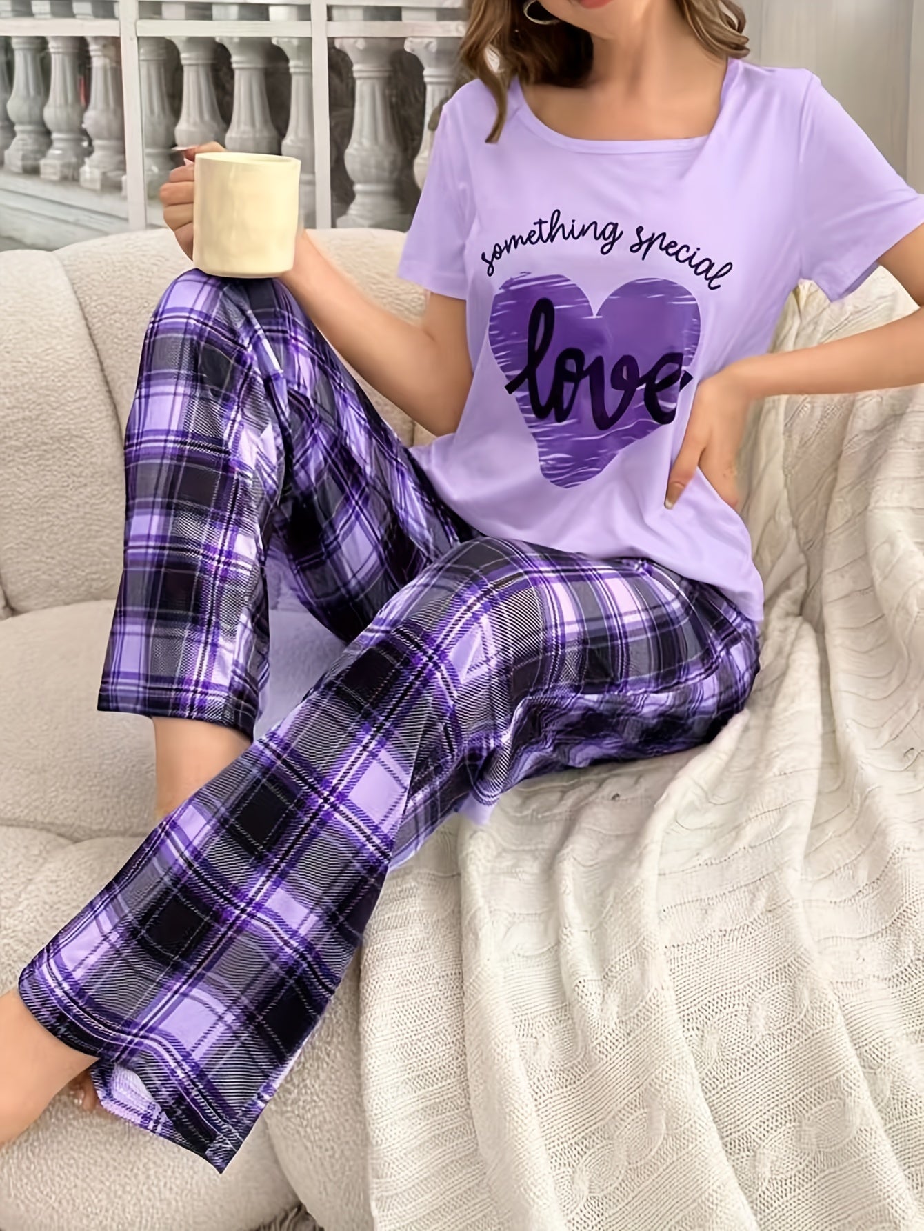 Women's Casual Heart Letter Print Pajama Set Short Sleeve Top Plaid Pants