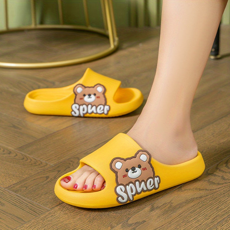 Women's Cartoon Bear Print Slides Casual Soft Sole Pillow Shoes