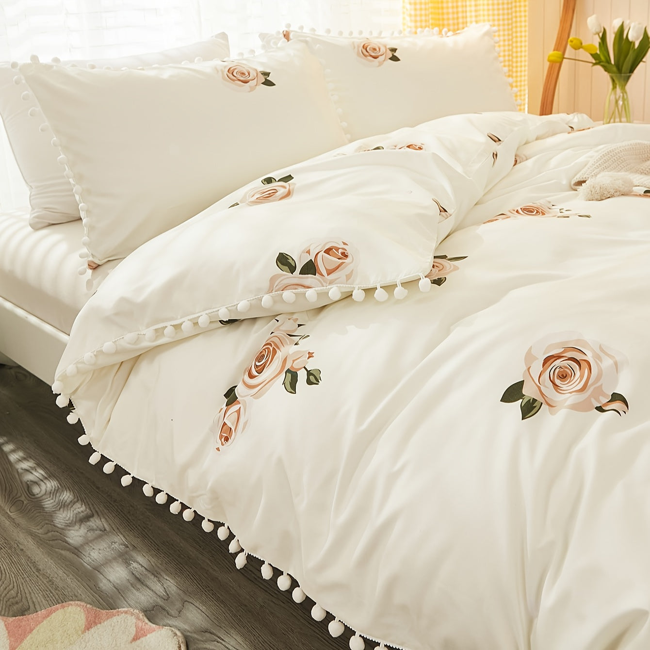 Set of 3 Pastoral Flower Print Duvet Cover Set with Pompom Details Soft Cozy Bedding for Bedroom or Guest Room