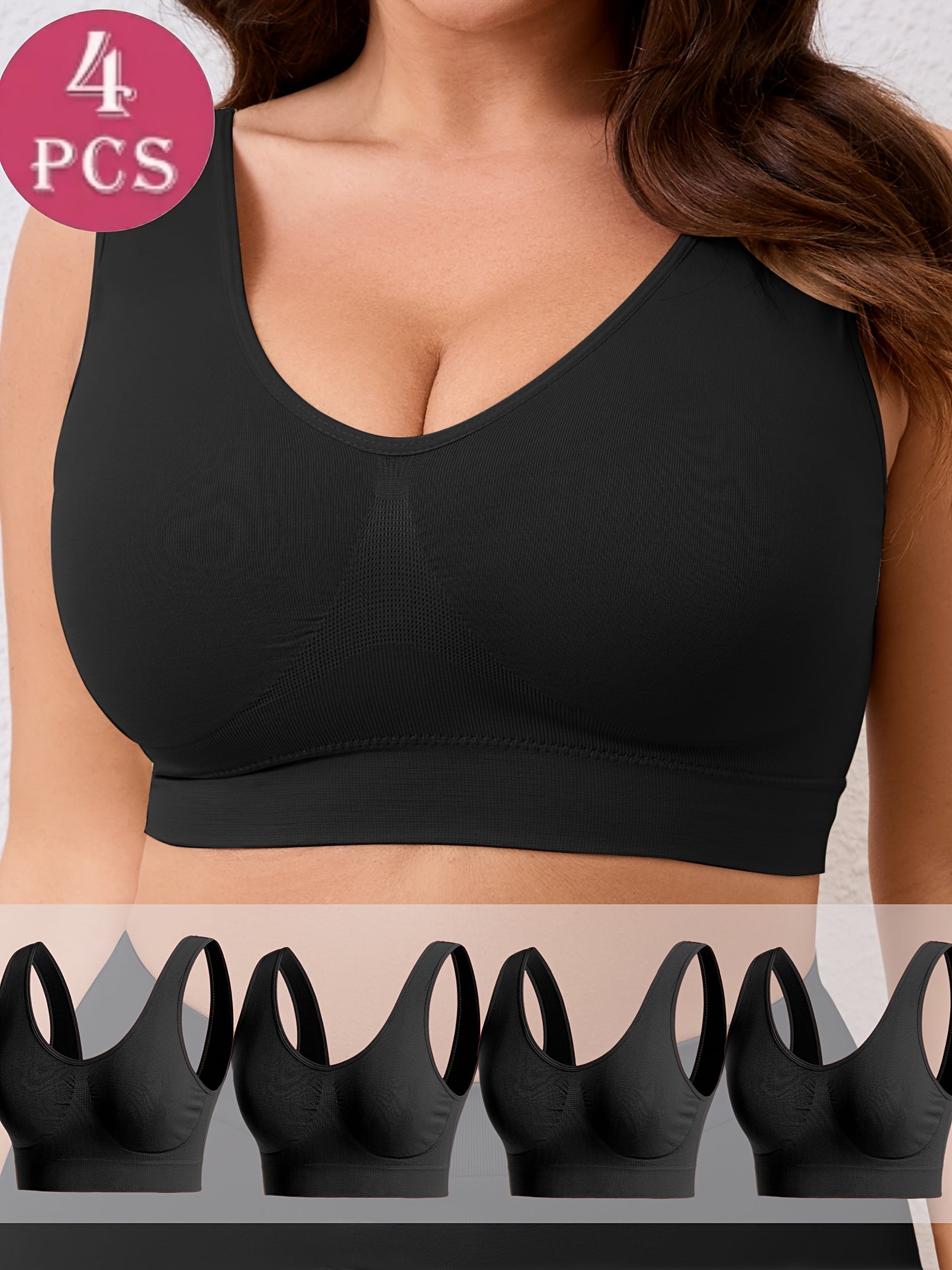Women's Plus Size Black Sports Bras Pack Breathable Wireless Comfortable