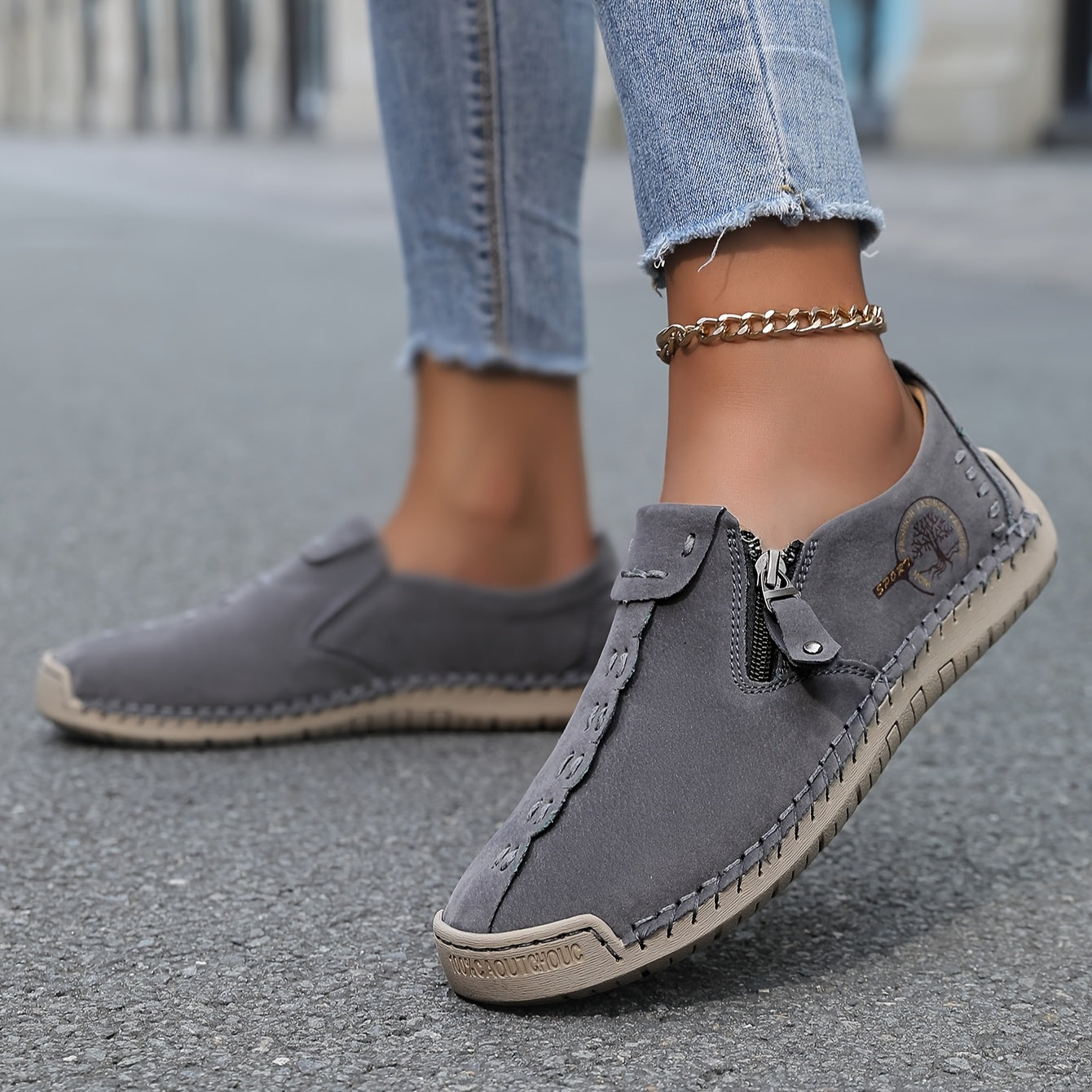 Women's Handmade Casual Loafers Slip-On Sneakers with Zipper Rubber Sole