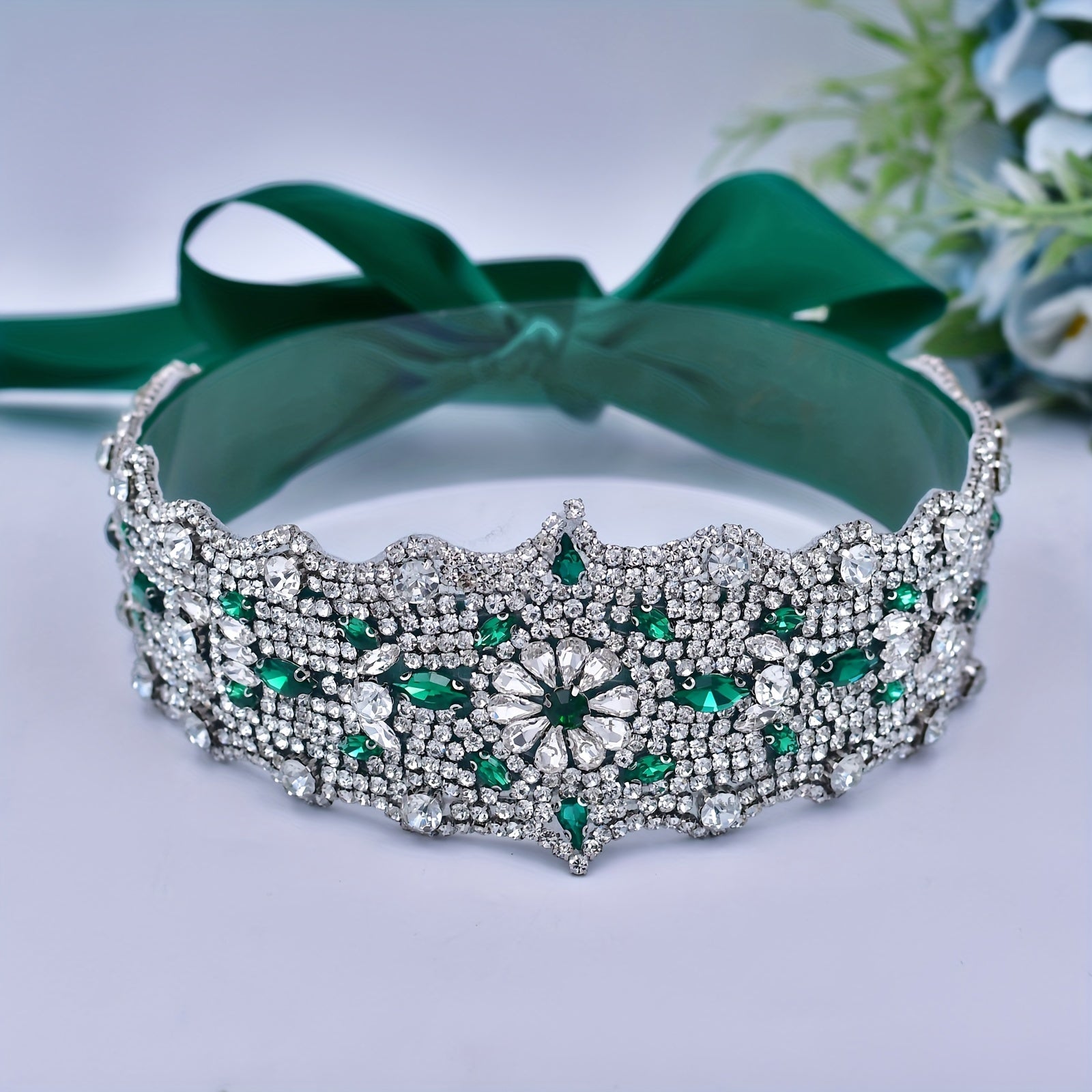 Long Rhinestone Waistband with Green Ribbon Belt for Bridal Wedding or Ball Gown