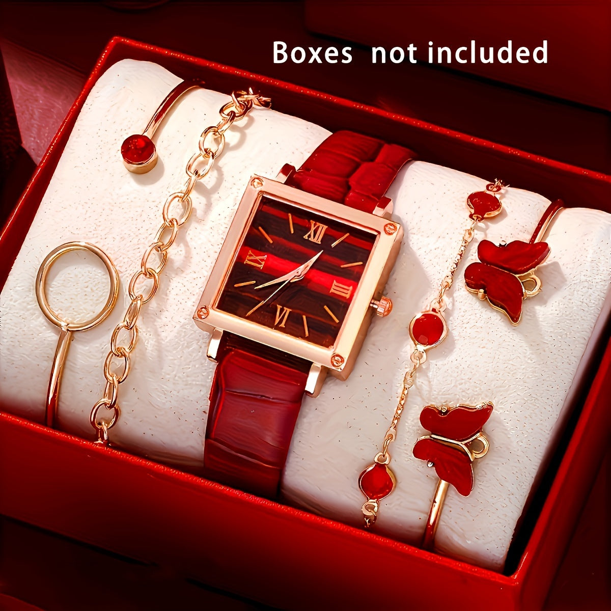 Set of 5 Women's Square Quartz Watches with Personalized Romantic Design and Matching Jewelry