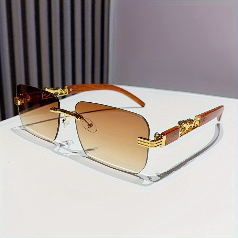 Unisex Rimless Rectangle Glasses with Wood Grain Temples for Beach and Travel