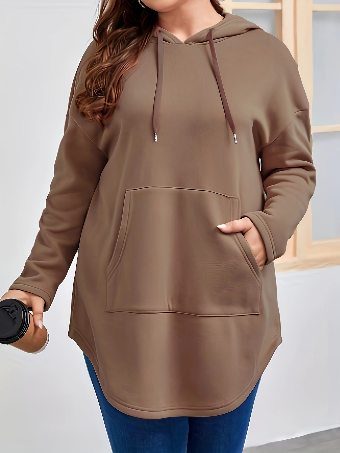 Ayollar uchun plus o'lchamli dengiz bo'yi ko'k hoodie, kangaroo cho'ntagi bilan, kundalik uzun qo'l kiyim, sweatshir