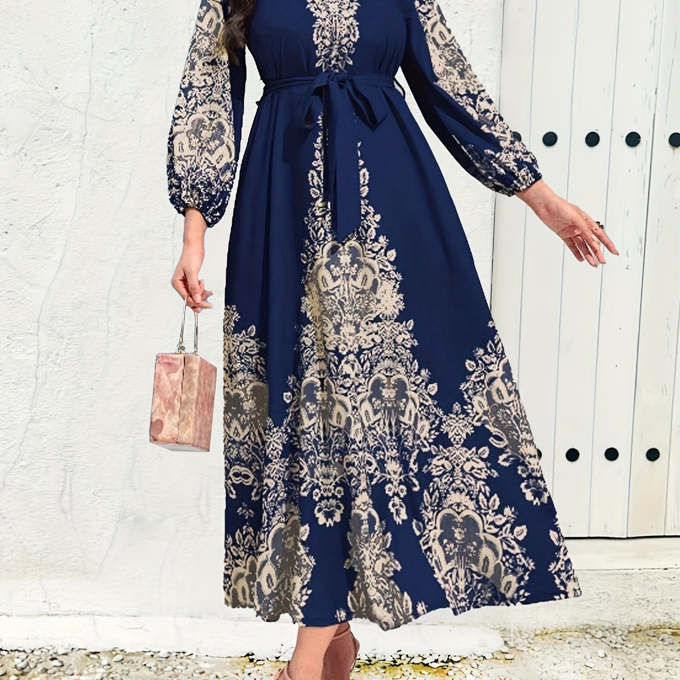 Vintage Graphic Print Belted Dress with Crew Neck and Lantern Sleeves for Spring Fall