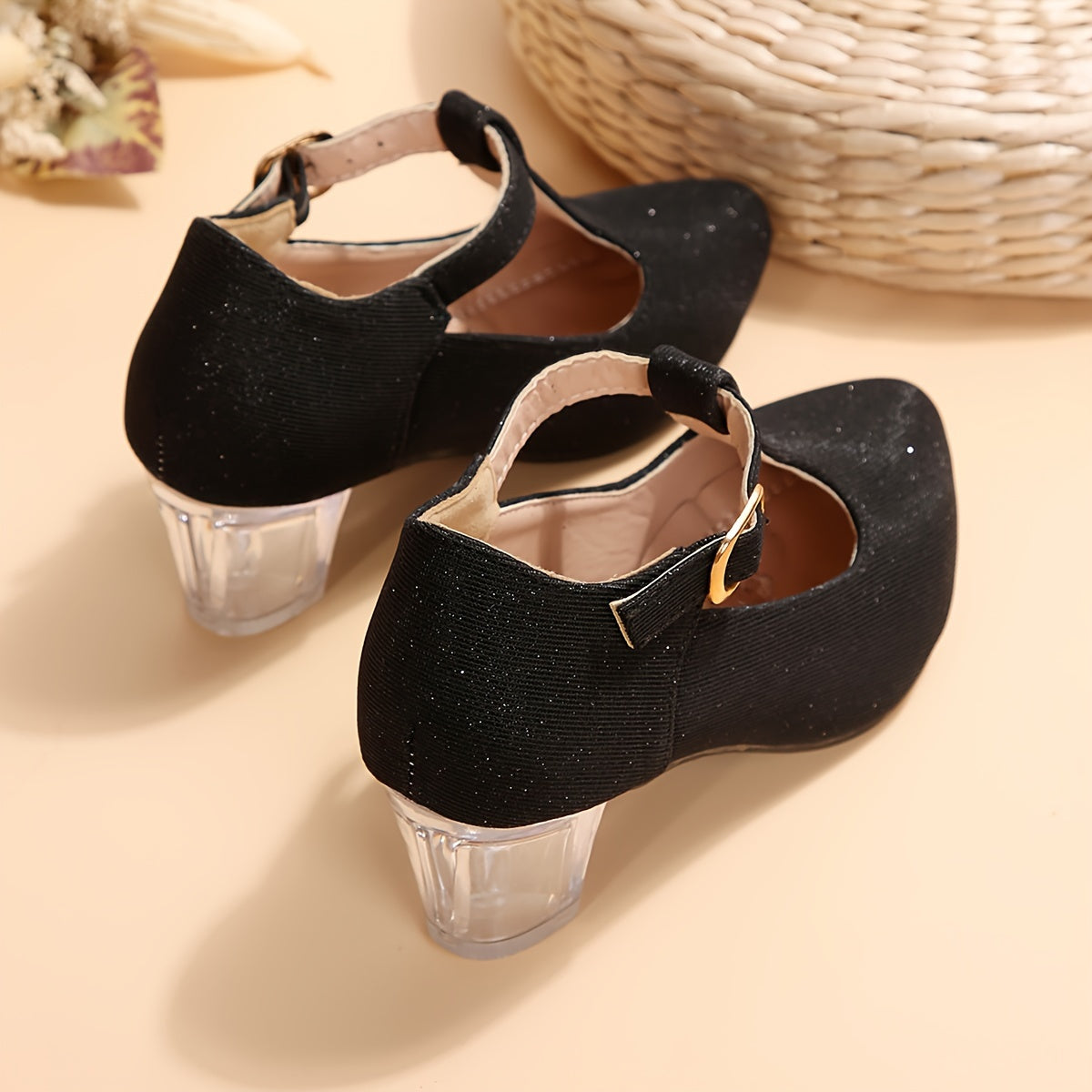 Girls High Heeled Shoes Spring Autumn Embroidered Flower Glitter PVC Pointed Toe