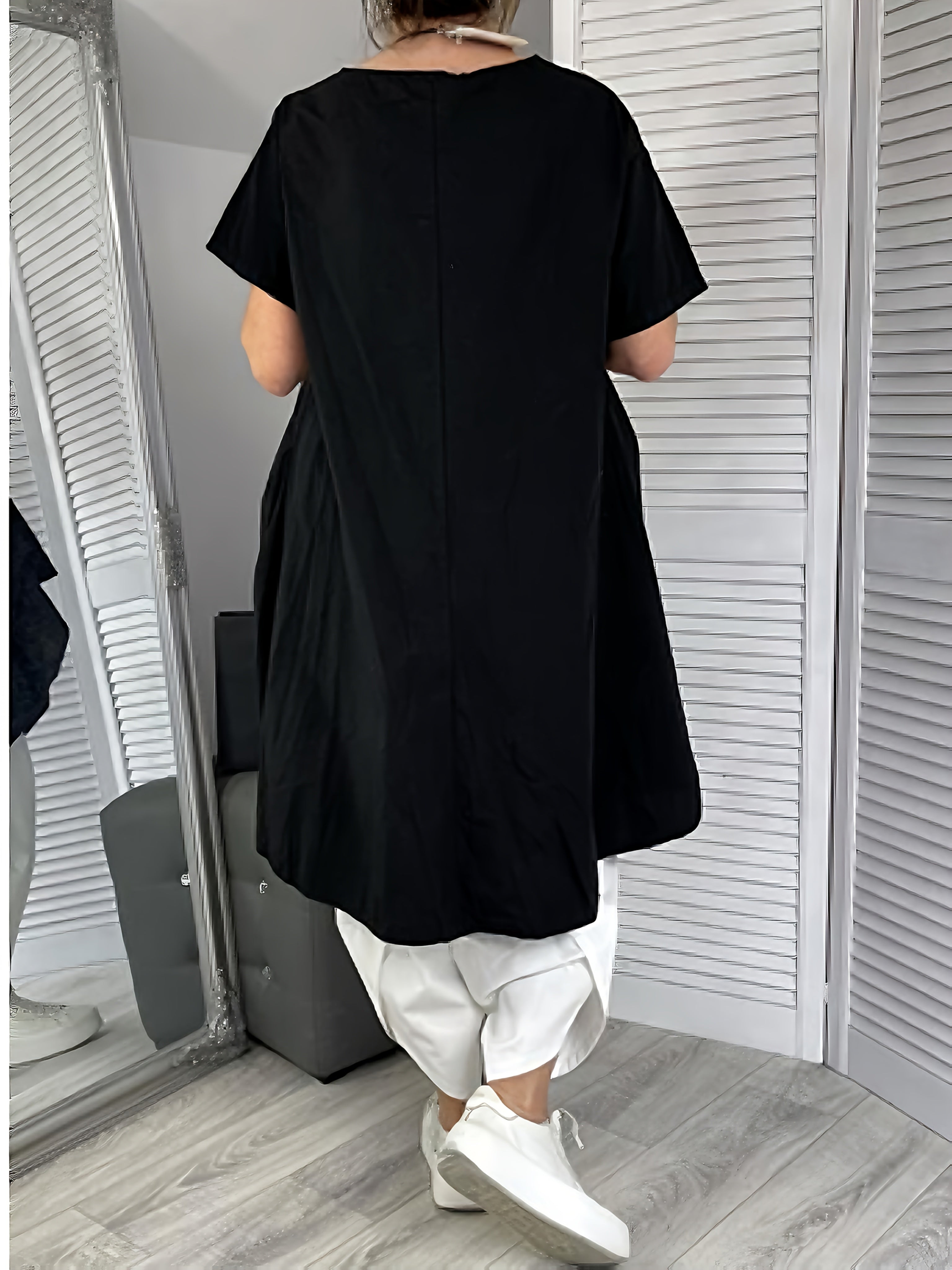 Plus Size Women's Casual Loose-Fit Cropped Short Sleeve Top Black Multi-Layer Hem