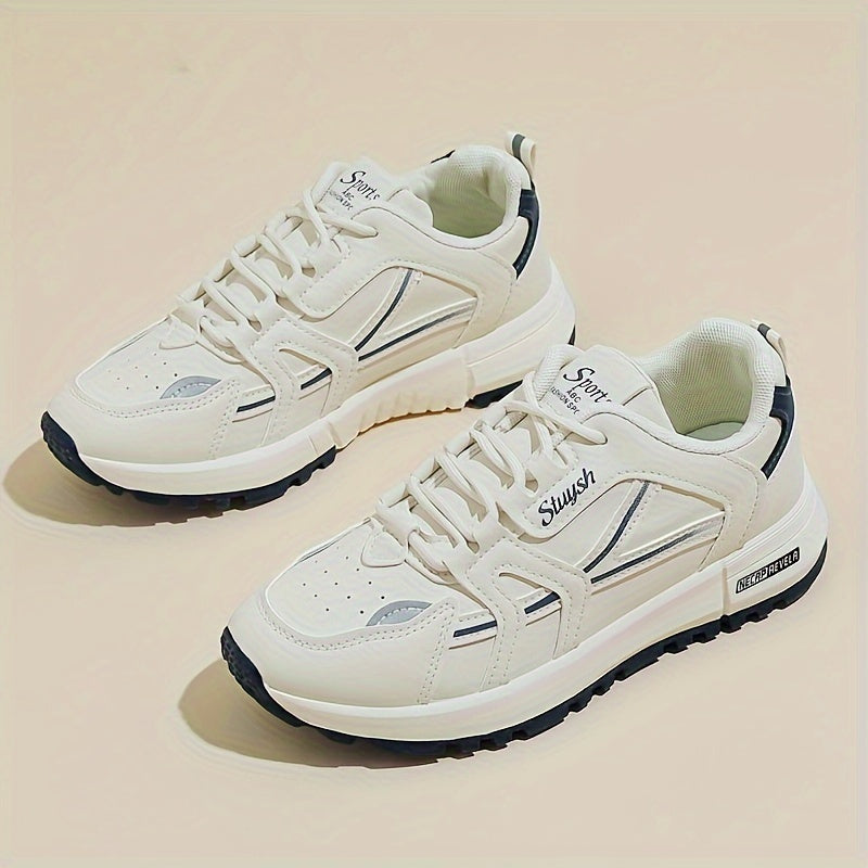 Women's Casual Running Sneakers White Brown Faux Leather Low-Top Lace-Up PU Sole