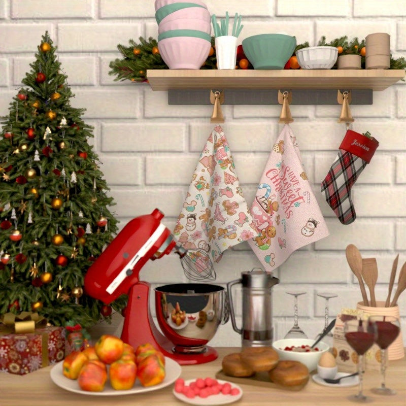 Получите два куска подарочных новогодних кухонных полотенец размером 18*26 дюймов с веселыми мотивами пряников и зимы для украшения кухни на Рождество.