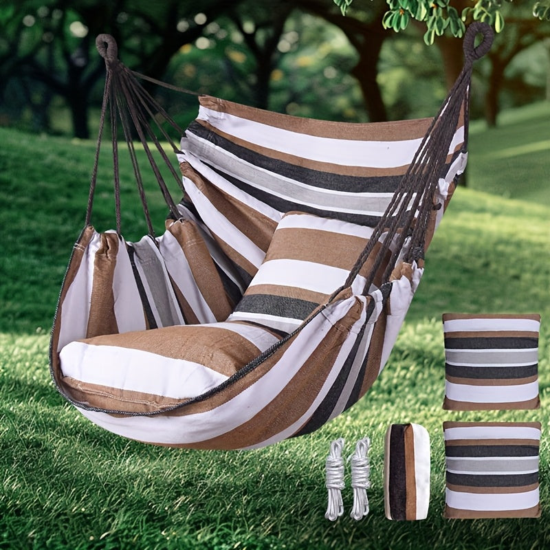 2 Outdoor Hammocks with Striped Pillows Portable Foldable for Camping and Relaxation
