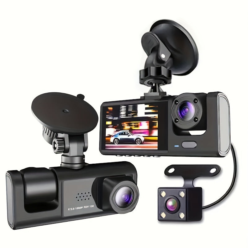 3-Channel Car Dash Camera with 1080P Night Vision and Wide-Angle Lenses