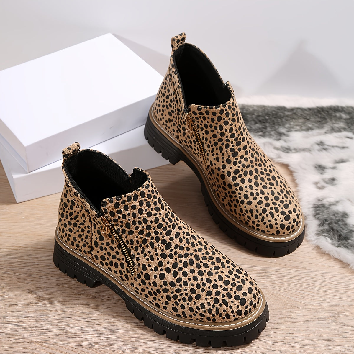 Women's Leopard Print Ankle Booties Zipper Block Heel All-Season Rubber Sole