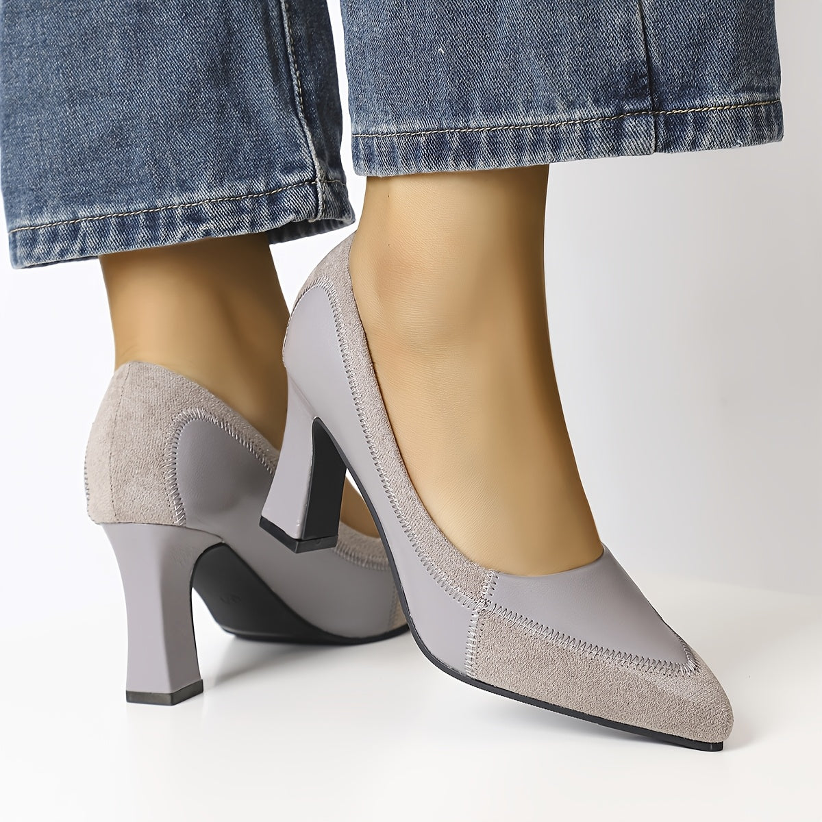 Women’s Spring Pointed Toe Mary Jane Heels Synthetic Cover Embroidery Gray