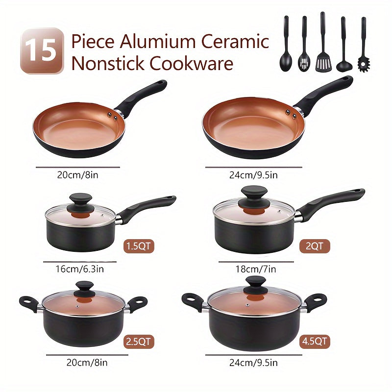 15-Piece Nonstick Cookware Set with Soup, Milk, and Frying Pans for Family and Gifting