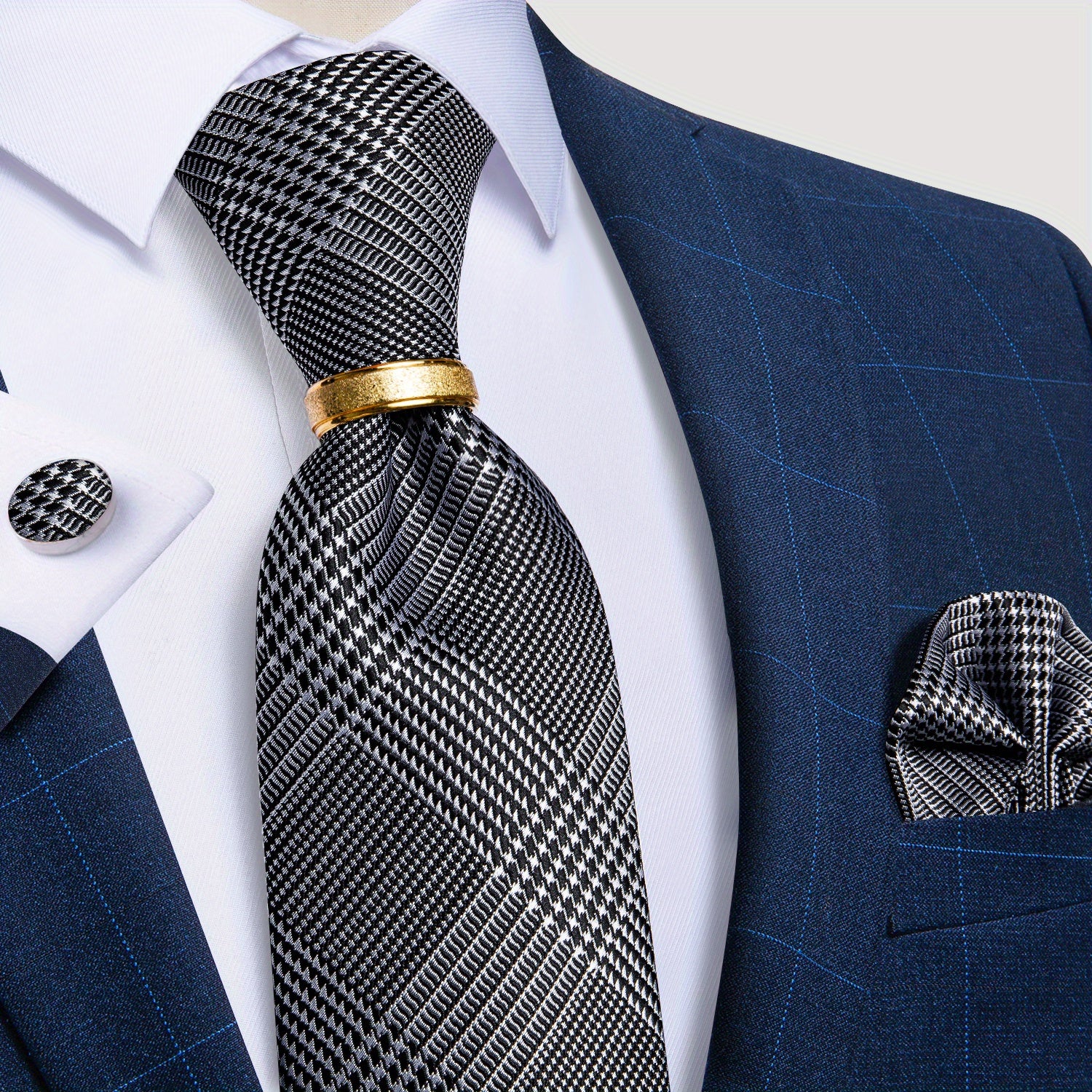 Men's Tie Set with Paisley Plaid and Striped Designs Including Pocket Square Cufflinks Ring