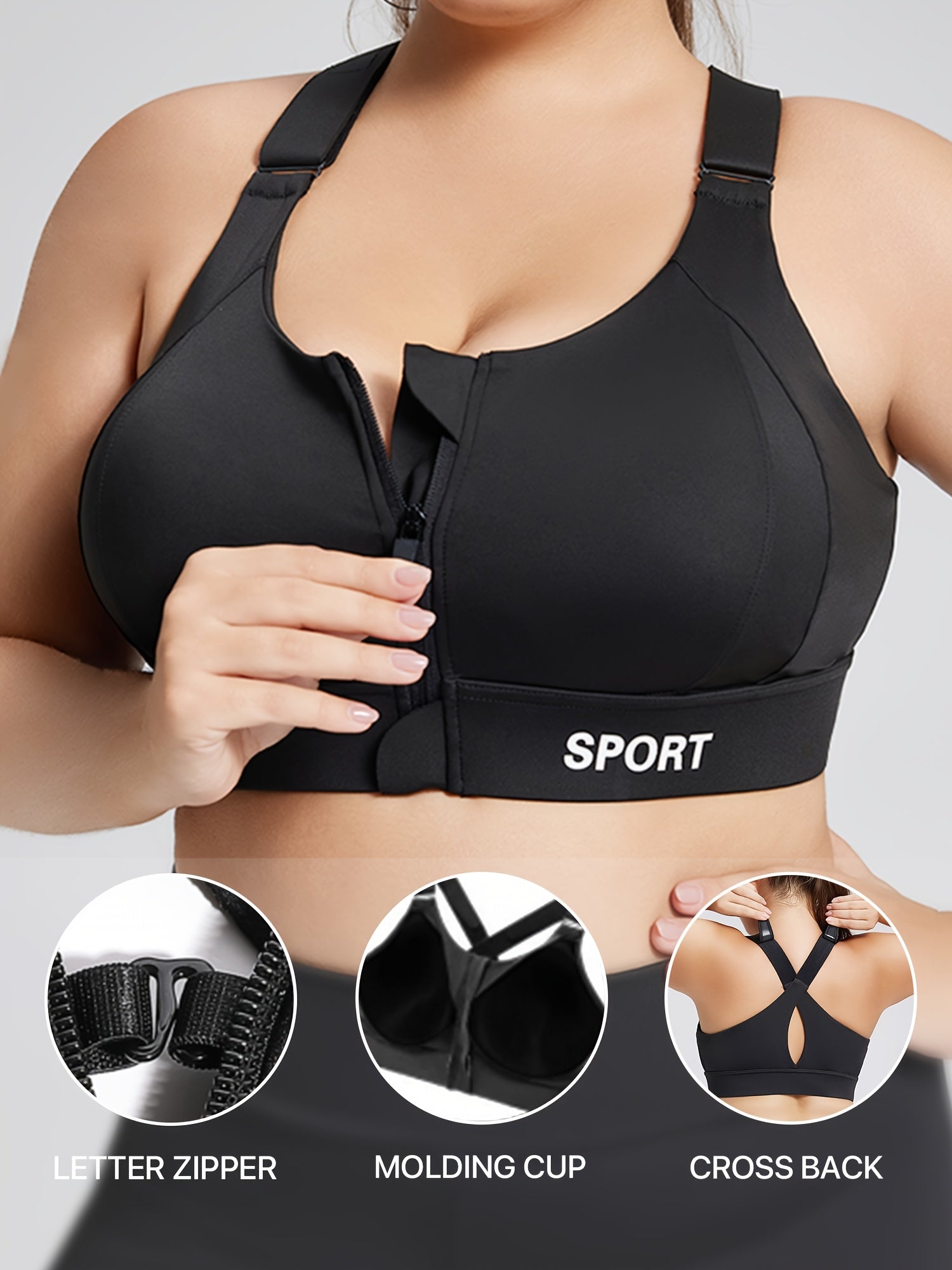 Women's High-Impact Sports Bra with Zipper Molded Cross-Back Polyester Elastane