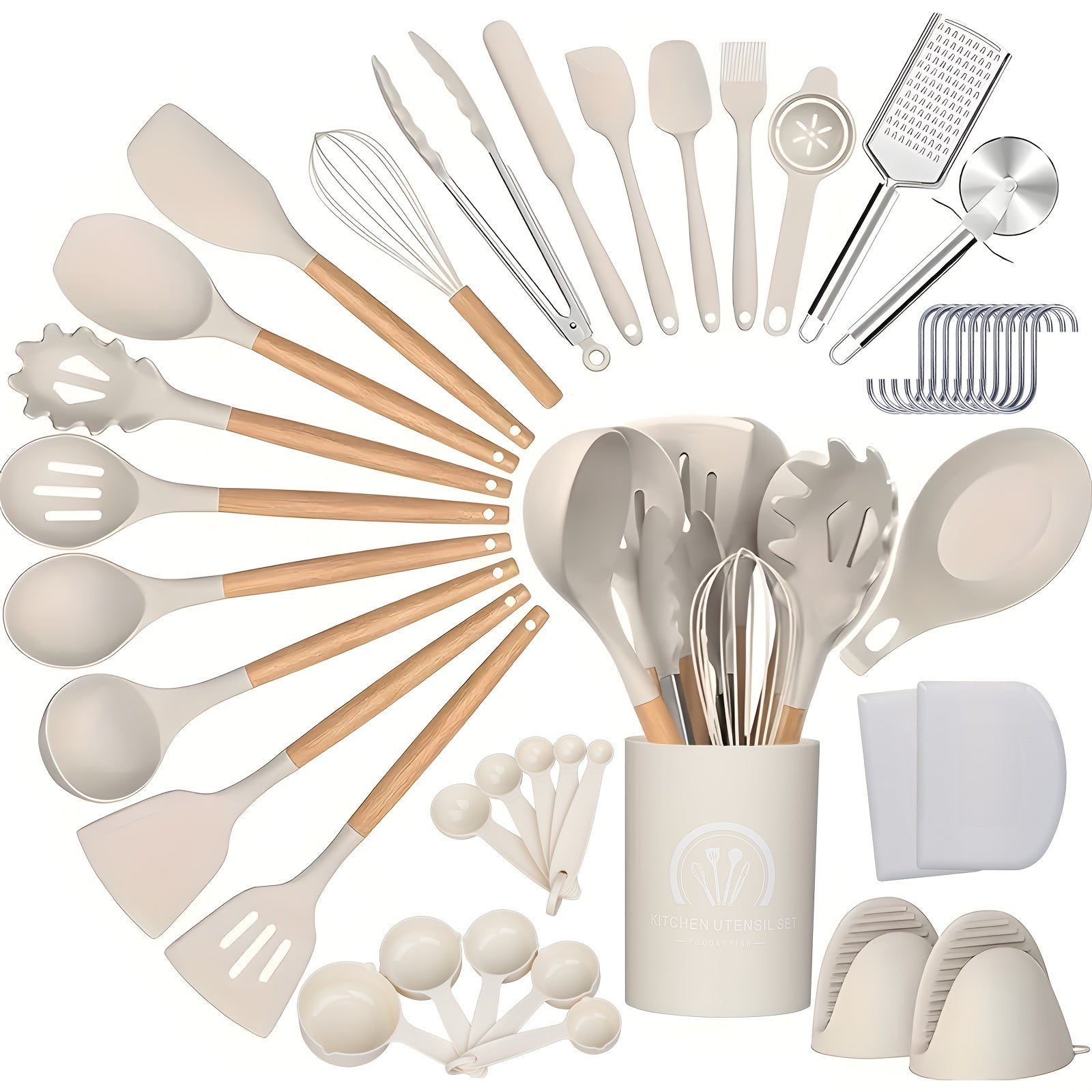 43-Piece Kitchen Utensil Set Silicone Stainless Steel Wooden Handles Cooking Tools