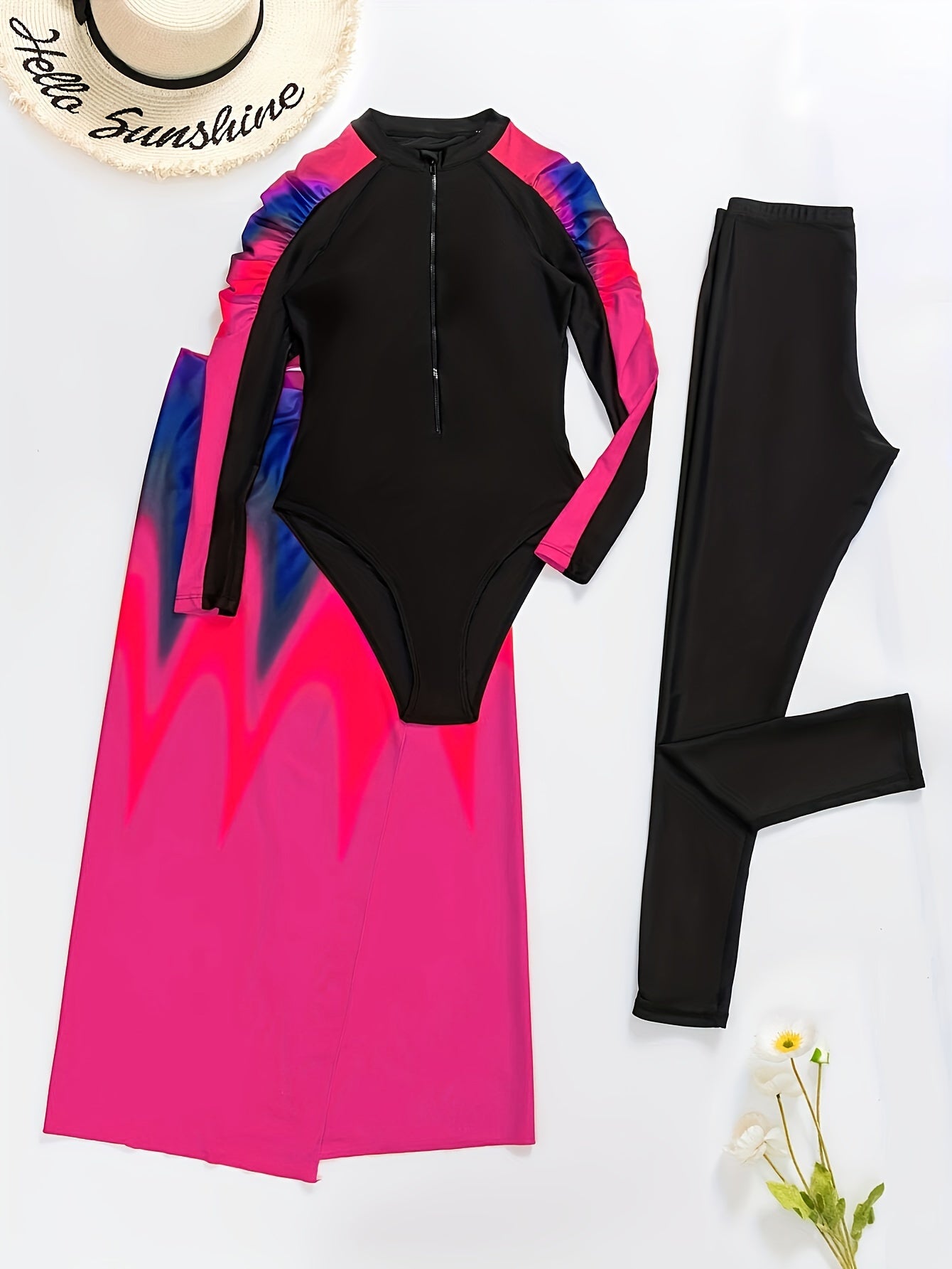 XQY BaiHui Ayollar uchun Tashqi Ko'rinishda Kichik Tashqi Qoplama va Shimlar bilan Tie-Dye Print Modest Suvga Tushish To'plami - Plyaj va Havuz uchun Ideal, Harakat Usuli bilan.