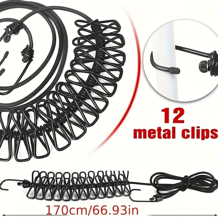 Conjunto de cuerda para tender con pinzas, cuerda elástica, alambre de metal, clips de PVC, para exteriores, línea de secado para viajes