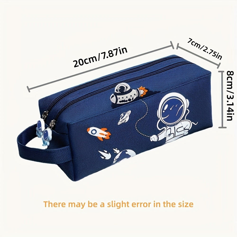 Space Astronaut Cartoon Animal Canvas Double-Layer Pencil Case for School Supplies