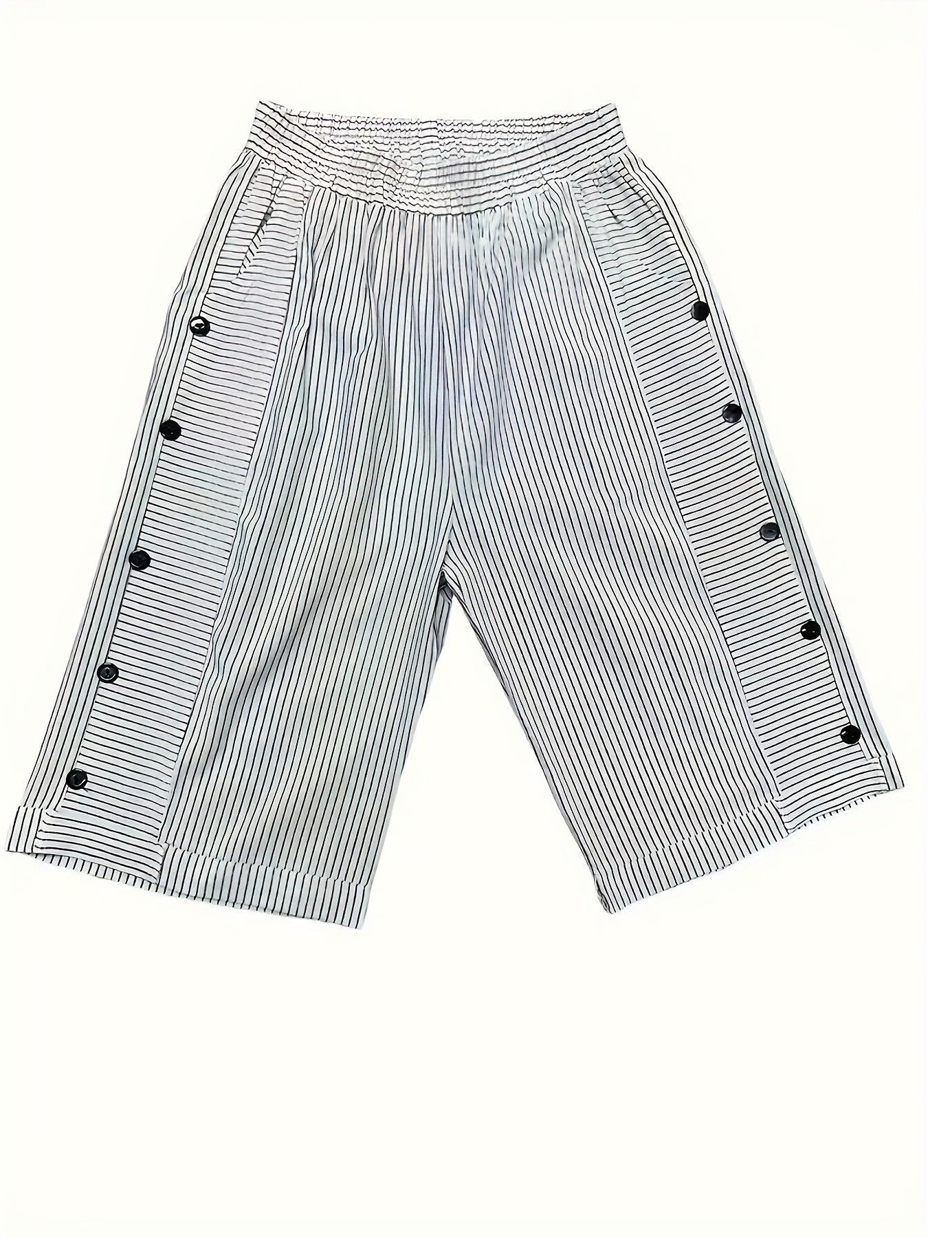 Women's High-Waist Striped Casual Shorts with Pockets Non-Stretch Polyester