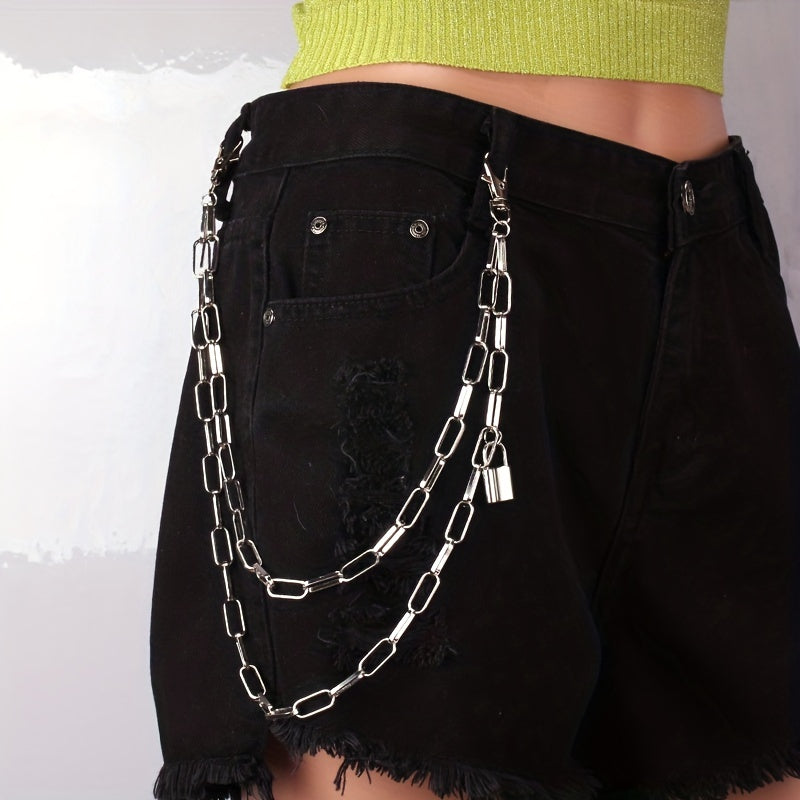 Pantalones de mezclilla punk para hombres y mujeres con cadena en la cintura y cadenas de múltiples capas de hip-hop