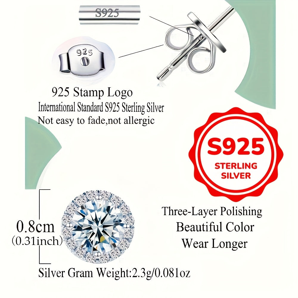 Sterling Silver Stud Earrings 8mm Cubic Zirconia Hypoallergenic Gift Box