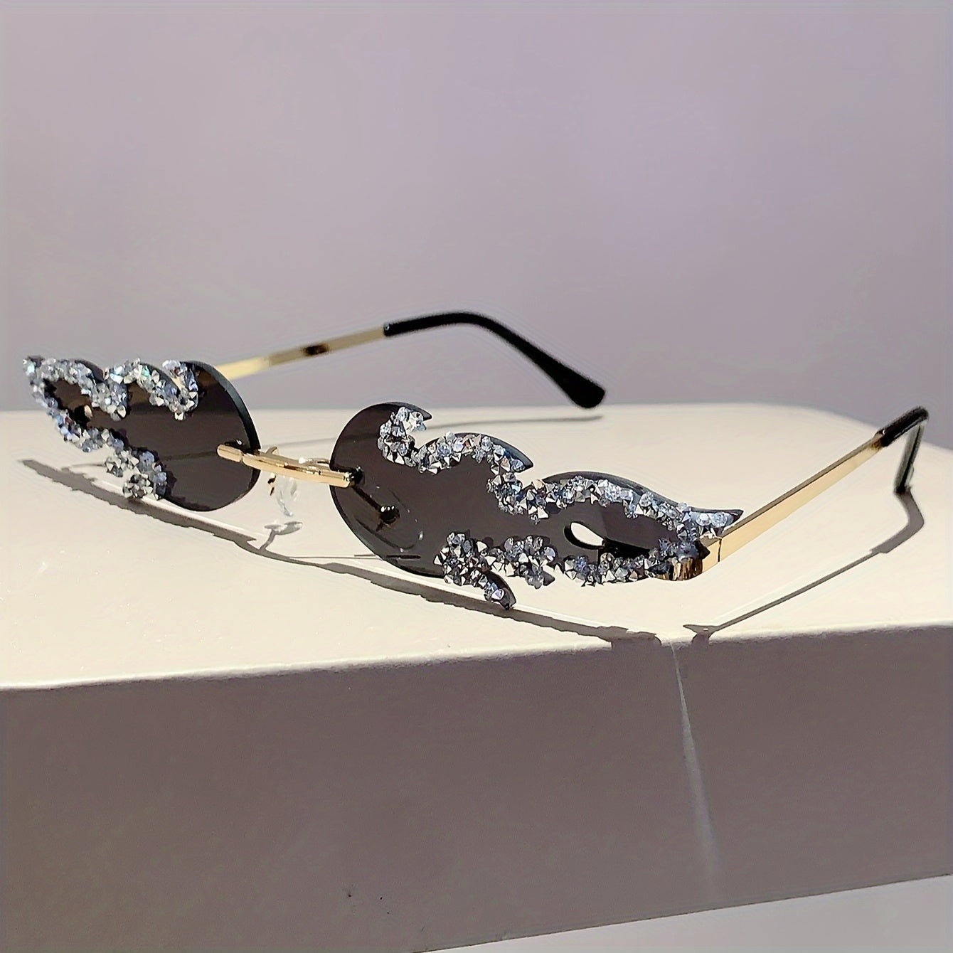 Women's Fire Flame Rimless Sunglasses with Rhinestones for Parties and Clubwear