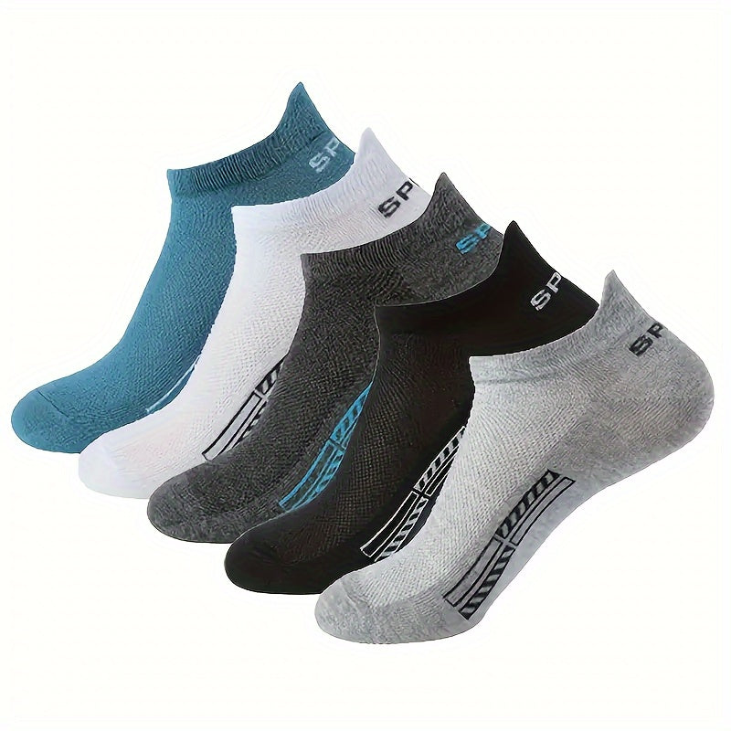 Unisex Alphabet Pattern Athletic Ankle Socks 5 Pairs Breathable Mesh Polyester