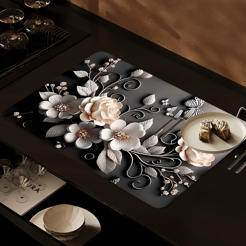 Полиэстеровый кухонный коврик с праздничным 3D дизайном розы - противоскользящий, быстро сохнущий поднос для посуды - идеально подходит для Рождества, Хэллоуина, Дня благодарения - защищает ваш домашний декор и стол, отлично подходит для домашних животных