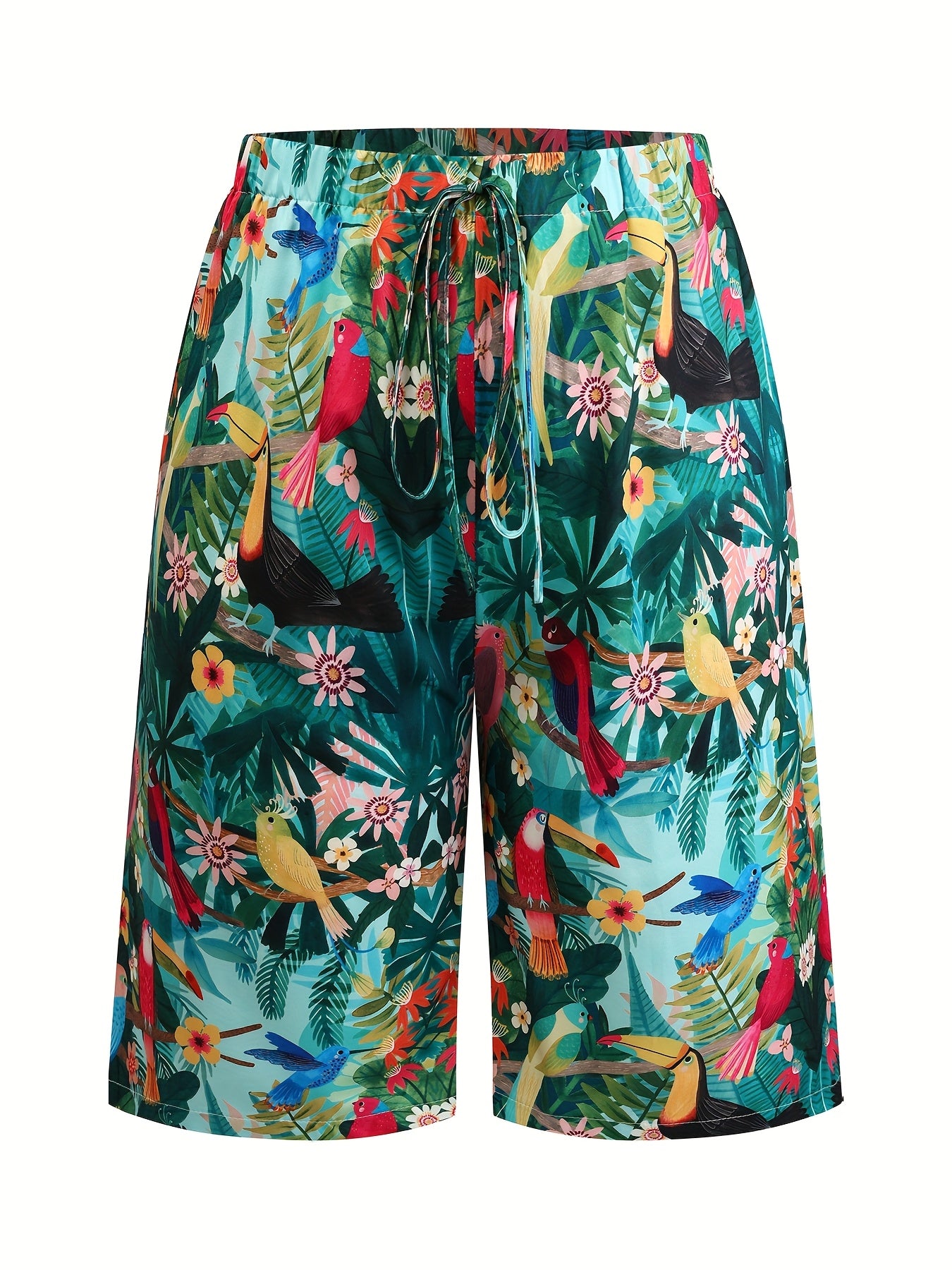 Women's Plus Size Tropical Floral Print Mid-Pants Non-Stretchy Cropped Pants for Summer and Office