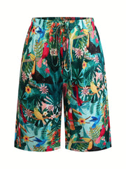 Women's Plus Size Tropical Floral Print Mid-Pants Non-Stretchy Cropped Pants for Summer and Office