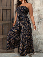 Plus Size Women's Floral Off-Shoulder Jumpsuit Loose Fit Tie-Waist Wide-Leg Vacation Wear