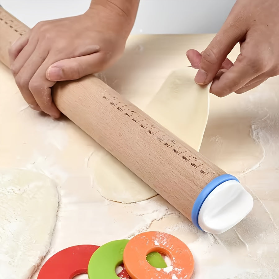 Wooden Rolling Pin Set with Adjustable Rings for Baking and Holiday Cookies