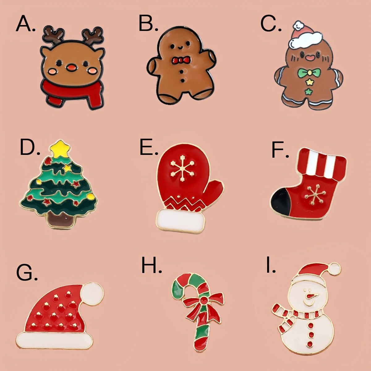 Set of 9 Enamel Alloy Christmas Brooches Reindeer Snowman Candy Cane Tree Jewelry