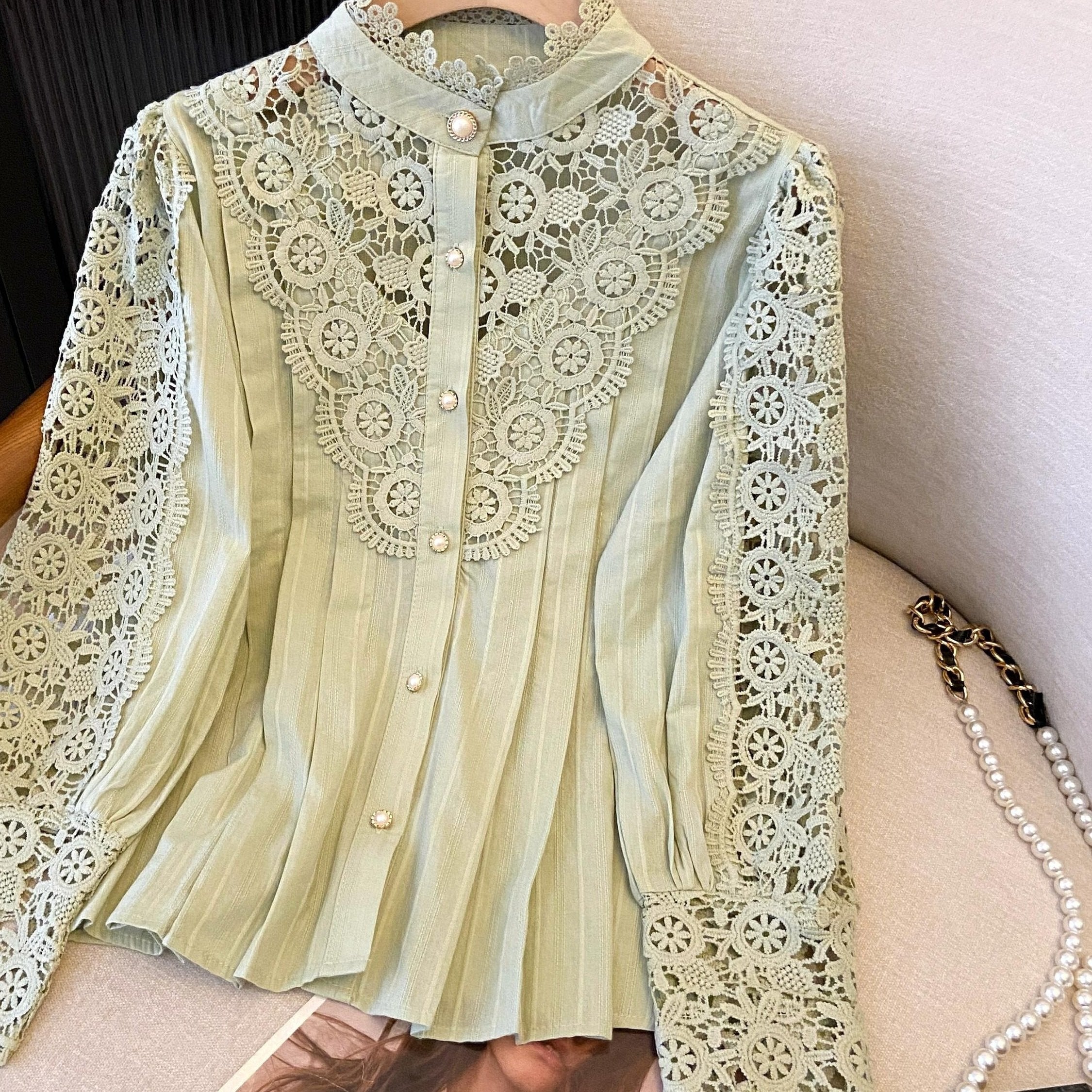 Women's Cotton Long Sleeve Shirt with Hollow Flower Panel and Stand Collar