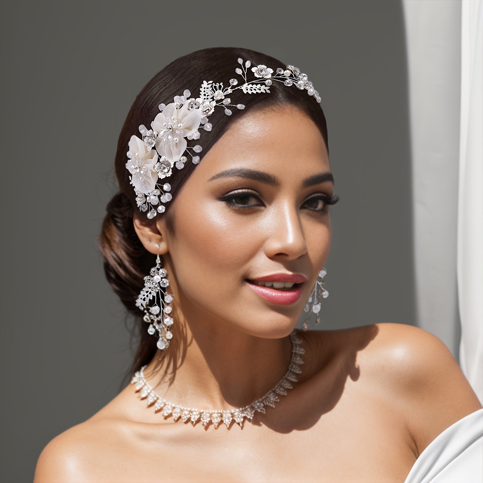 Bridal Hair Accessory Set Headband and Earrings with White Flowers and Rhinestones