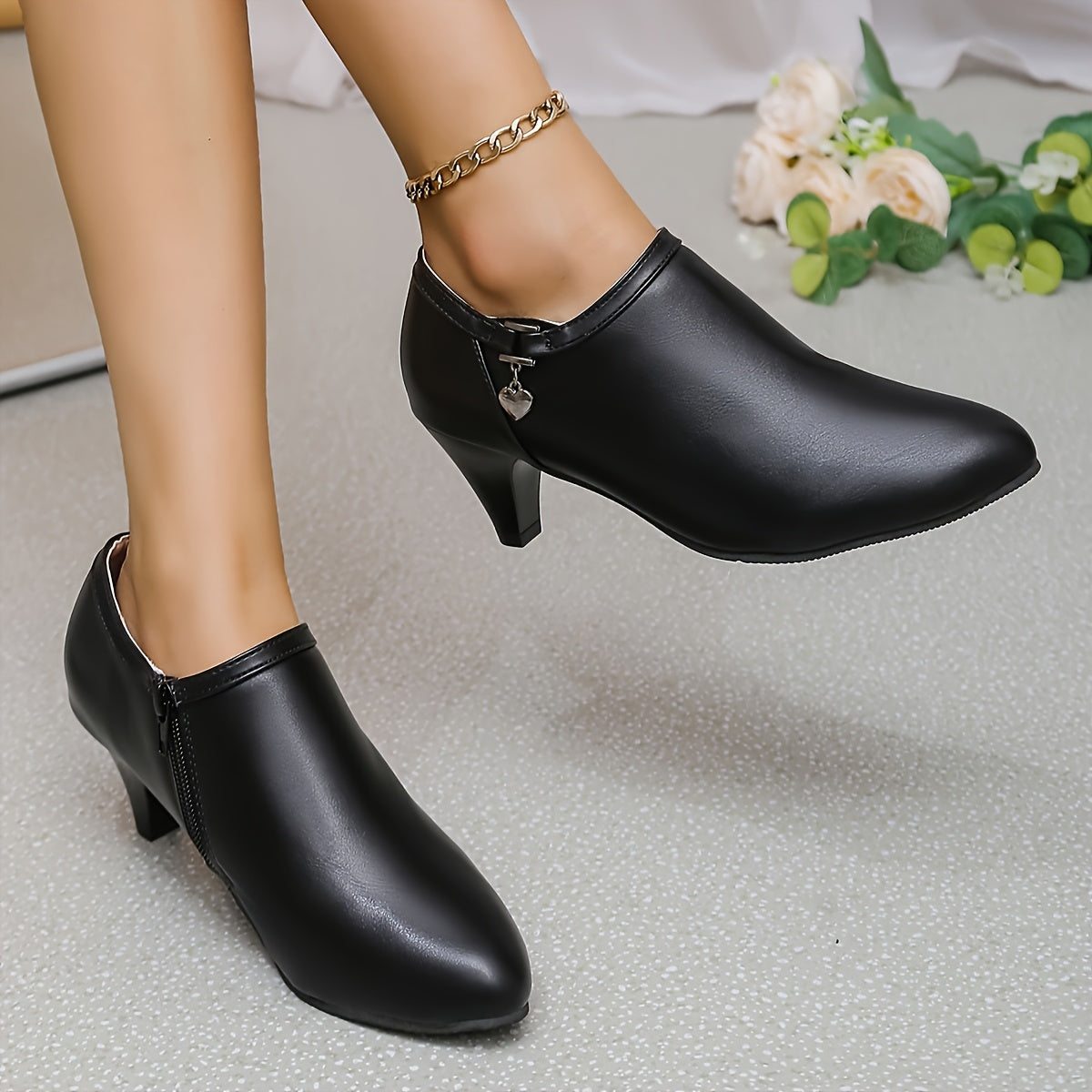 Women’s Black Leather High Heels Pointed Toe Slim Heel Shoes for Spring Autumn