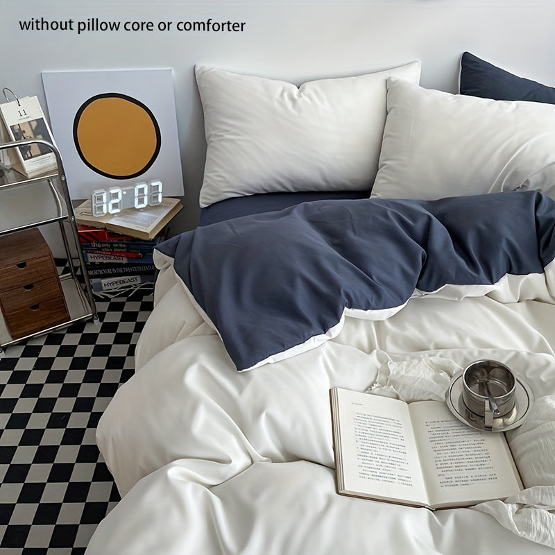 Set of 3 Solid Color Double Stitch Quilt Cover Sets in White Blue Gray with Pillowcases