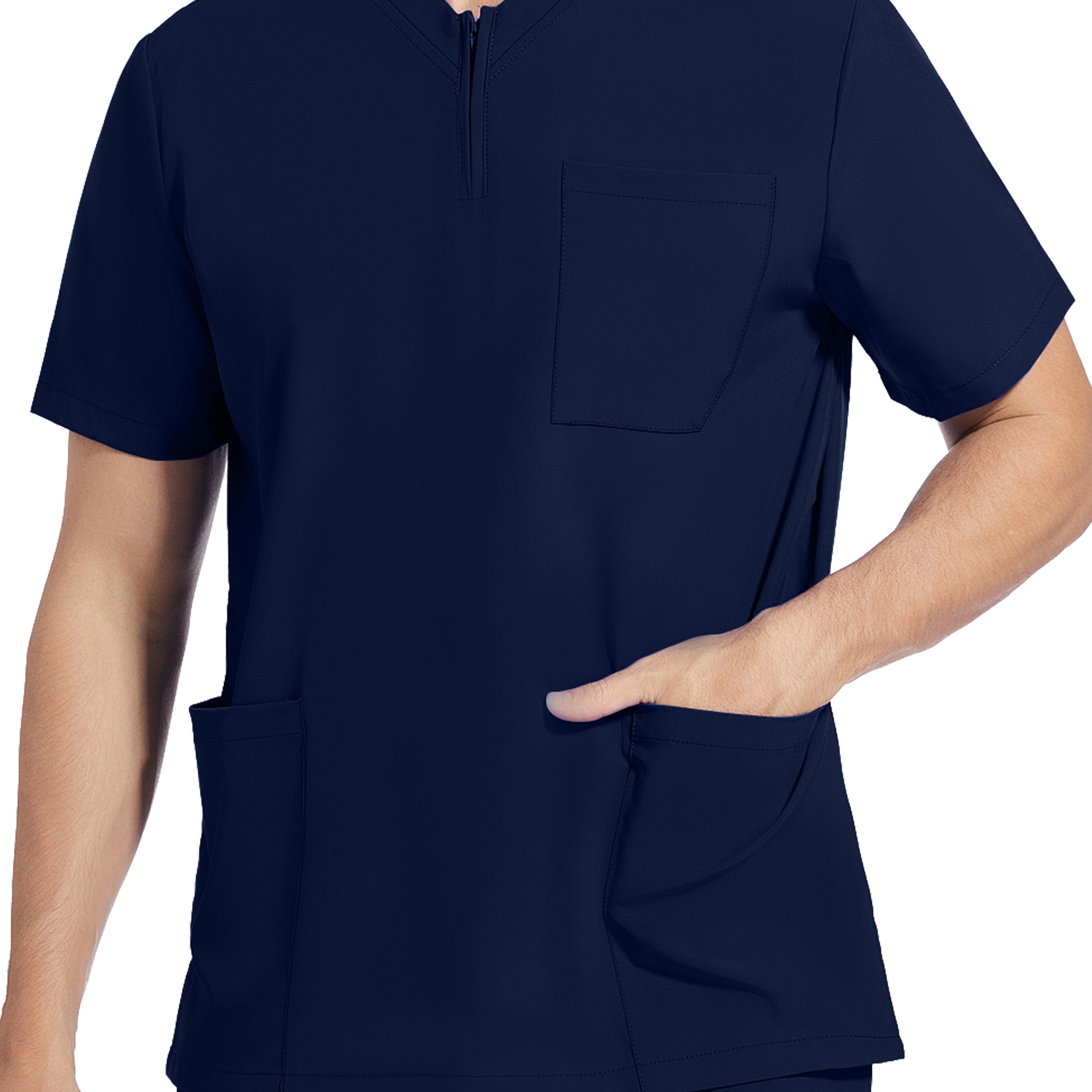 Men's Short Sleeve Stretch Work Uniform Lab Shirt with Pockets V-Neck Polyester