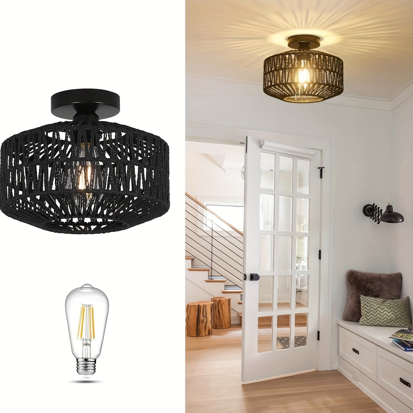 Bohemian Rattan Semi-Flush Mount Ceiling Light Fixture with Modern Metal Frame