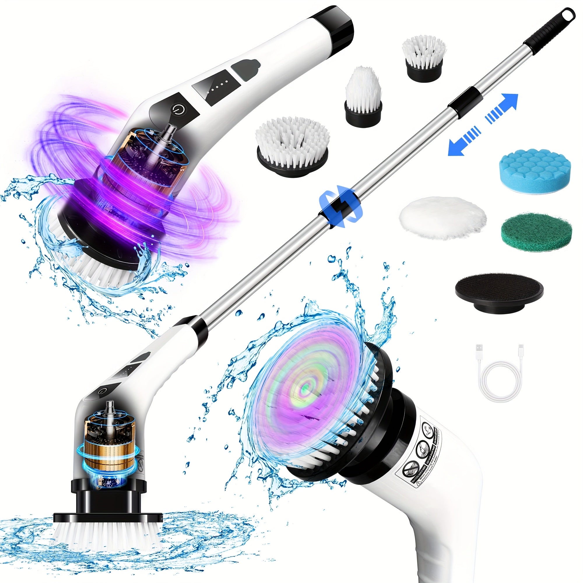 Cepillo de limpieza eléctrico inalámbrico giratorio con cabezales reemplazables y mango ajustable