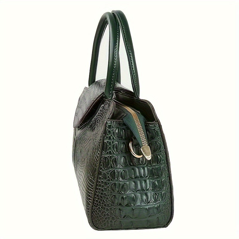 Women's Crocodile-Embossed Handbag Black Green Crossbody Shoulder PU Durable Stylish