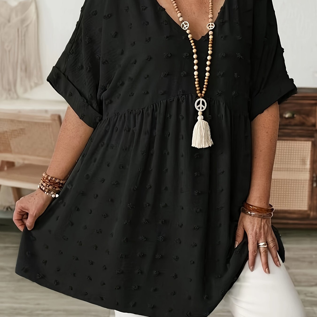 Plus Size Women's V-Neck Batwing Sleeve Blouse Breezy Lightweight Top