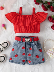 Girls Summer Outfit Set Off-Shoulder Top with Strawberry Embroidery and Heart Belted Shorts Breathable Polyester Casual