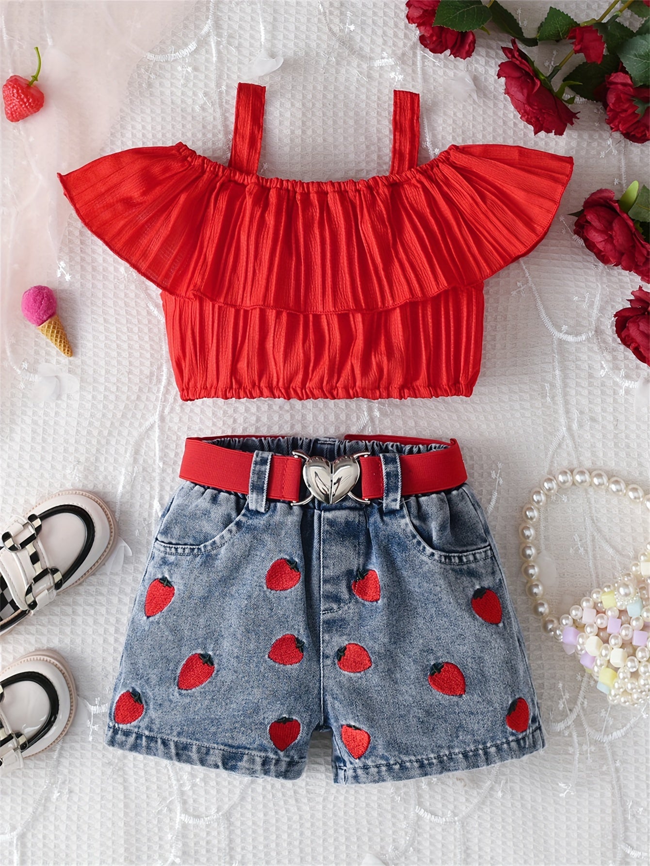 Girls Summer Outfit Set Off-Shoulder Top with Strawberry Embroidery and Heart Belted Shorts Breathable Polyester Casual